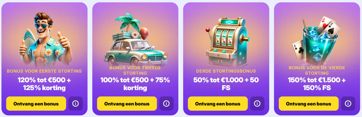Goodman Casino welkomstbonussen voor de eerste vier stortingen met bonussen tot €1.500, gratis spins en extra kortingsacties